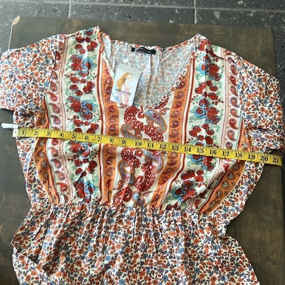 Prettygarden Boho Multicolor Printed V Neck Bohemian Maxed Dress - Picture 11 of 12